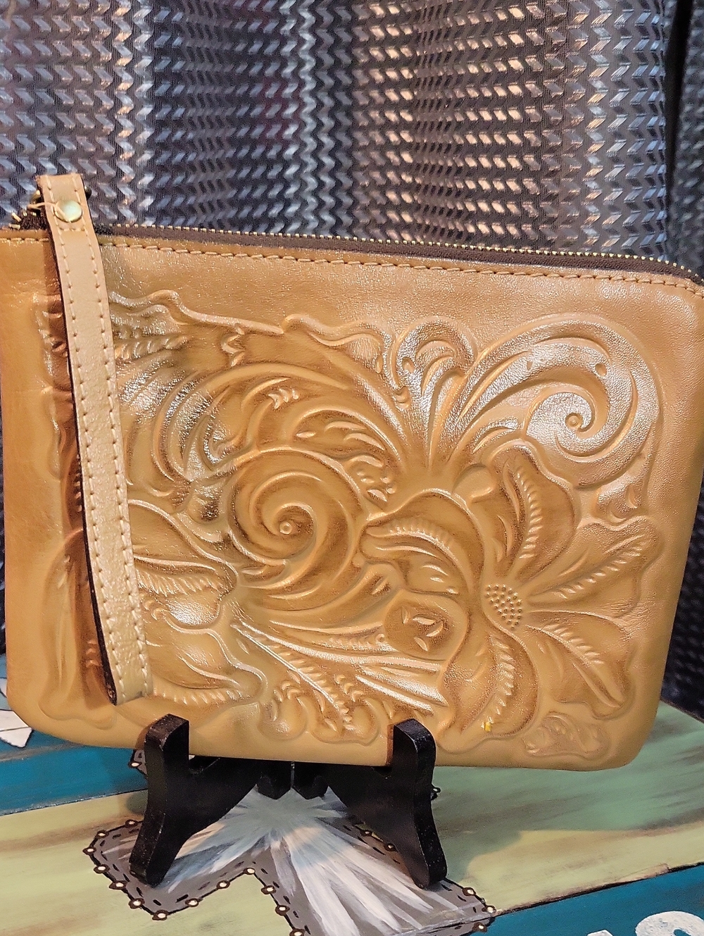 Patricia Nash Tan Embossed Floral Leather Wristlet